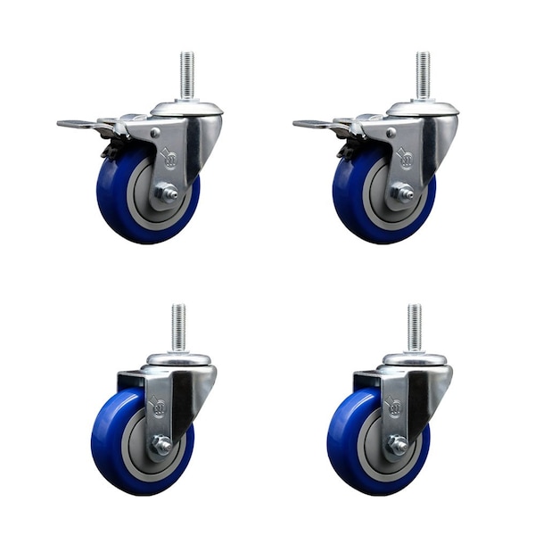 Service Caster 35 Inch Blue Polyurethane Swivel 58 Inch Threaded Stem Caster Set 2 Total Lock Brakes SCC-TSTTL20S3514-PPUB-BLUE-58212-2S2 - main